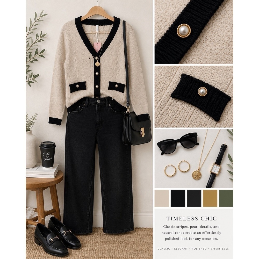 Boutique Women Cream Black Contrast Trim Pearl Button Cardigan Sweater Medium - Picture 7 of 8